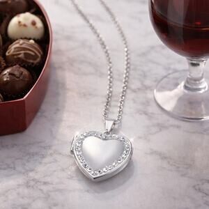 925 Sterling Silver Necklace w/  CZ Halo Heart Locket Valentine's Birthday gift